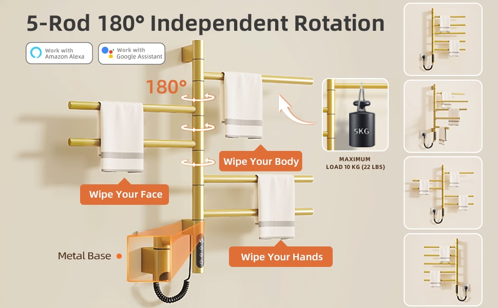 SIOYIE Smart Rotating Heated Towel Rack For Bathroom, Wall-Mounted Electric Towel Dryer With Swivel Bars, Smart Timer, Low Carbon Steel, IPX5, Plug-in/Hardwired, Towel Warmer With Wi-Fi App ControlW_voghion.com
